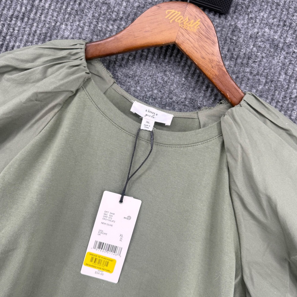 A Loves A Girls Puff Sleeve Top Kids XL Olive NEW Crew Neck OK2110CJF2